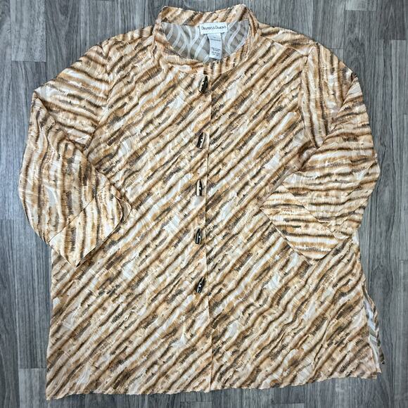 Draper’s & Damon’s 1X Sheer Button Blouse Brown Beige Abstract Tiger Stripe Top - Picture 1 of 5